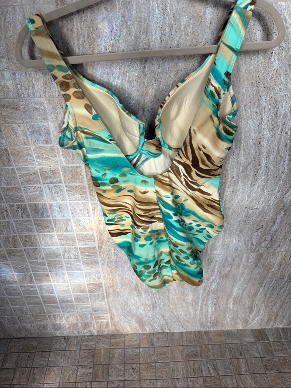 Beautiful Miracle One-Piece Swimsuit in Turquoise and Tan. - Picture 2 of 4